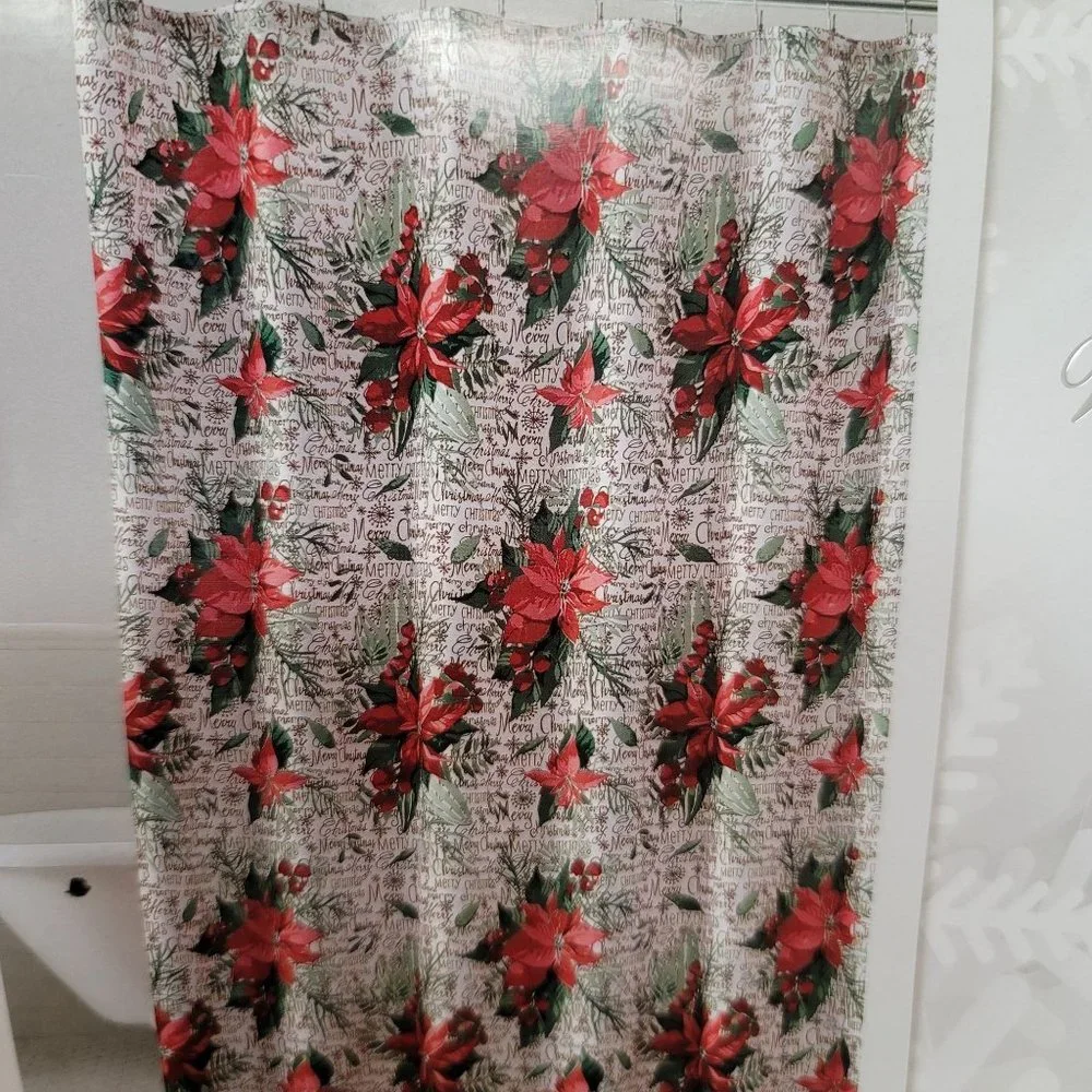 Christmas Shower Curtain Poinsettia's Merry Script Snowflakes Holiday Bathroom